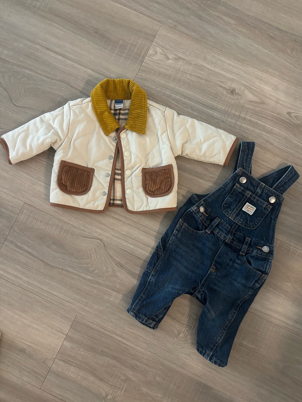 Fall Baby Boy Cream Quilted Jacket with Mustard Cord Collar and Denim Overalls